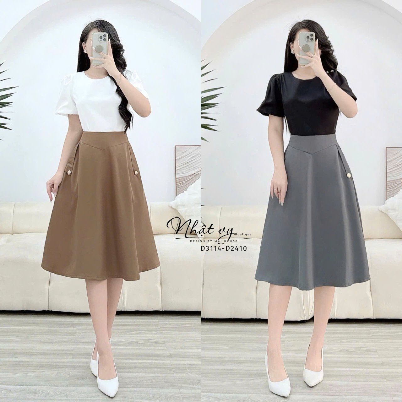 Chân váy dáng xoè túi đính nút kiểu - D3114