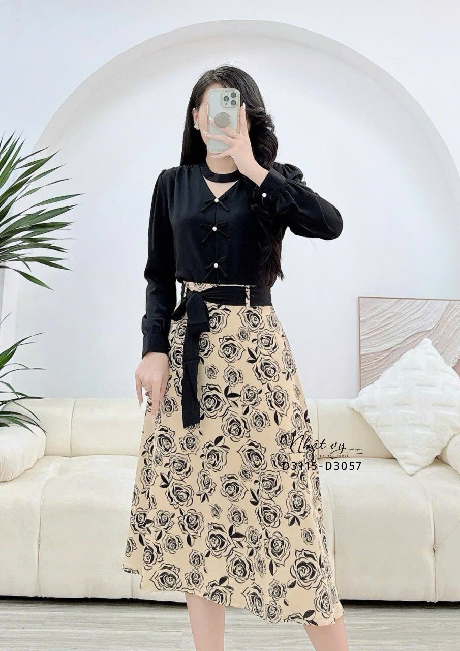 Chân váy hoa dáng dài thắt dây eo rời - D3115