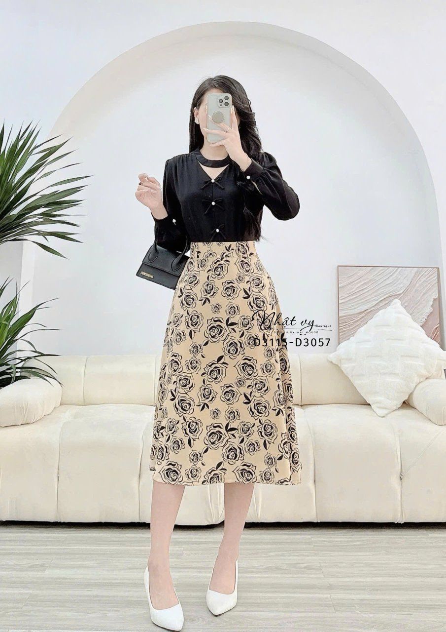 Chân váy hoa dáng dài thắt dây eo rời - D3115