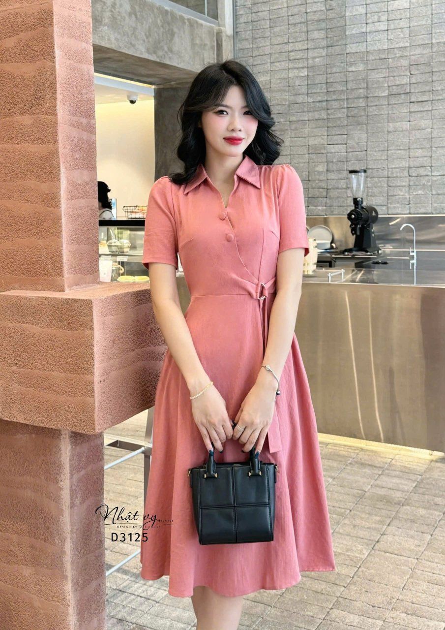 Đầm cổ sơ mi thắt nơ eo form dáng xòe - D3125