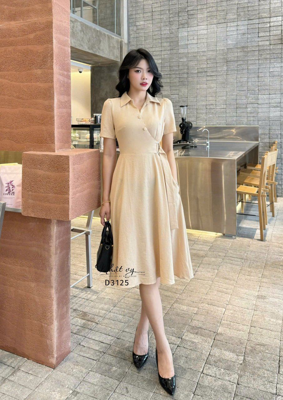 Đầm cổ sơ mi thắt nơ eo form dáng xòe - D3125