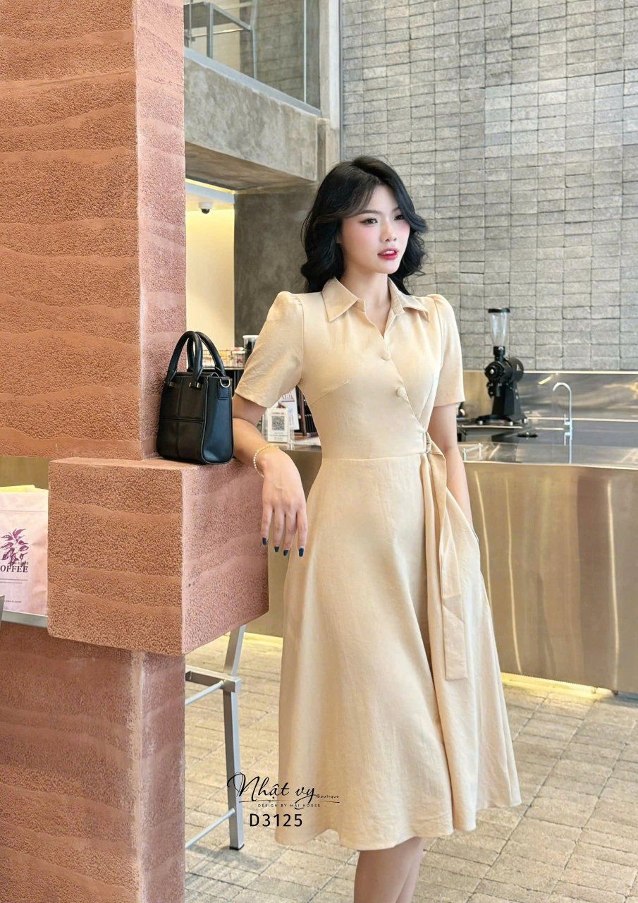 Đầm cổ sơ mi thắt nơ eo form dáng xòe - D3125