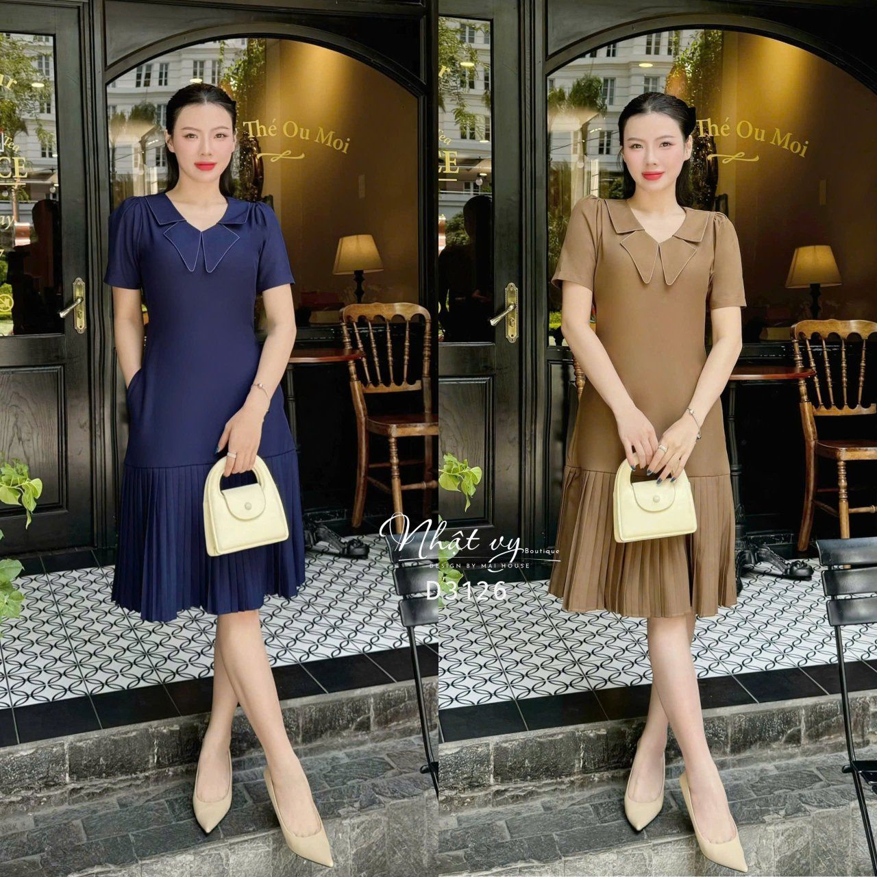 Đầm suông cổ cánh bướm viền chỉ phối dập ly - D3126