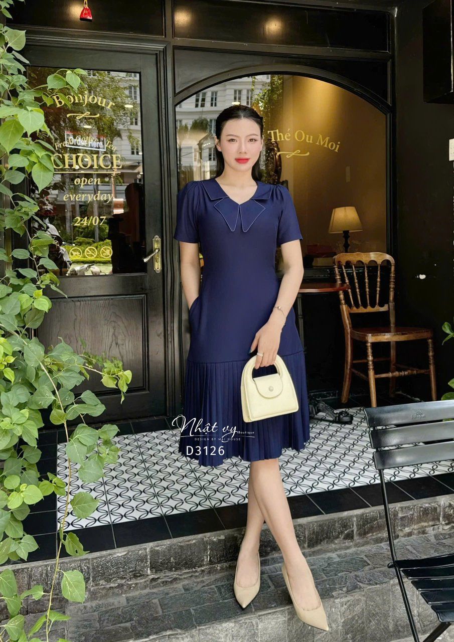Đầm suông cổ cánh bướm viền chỉ phối dập ly - D3126