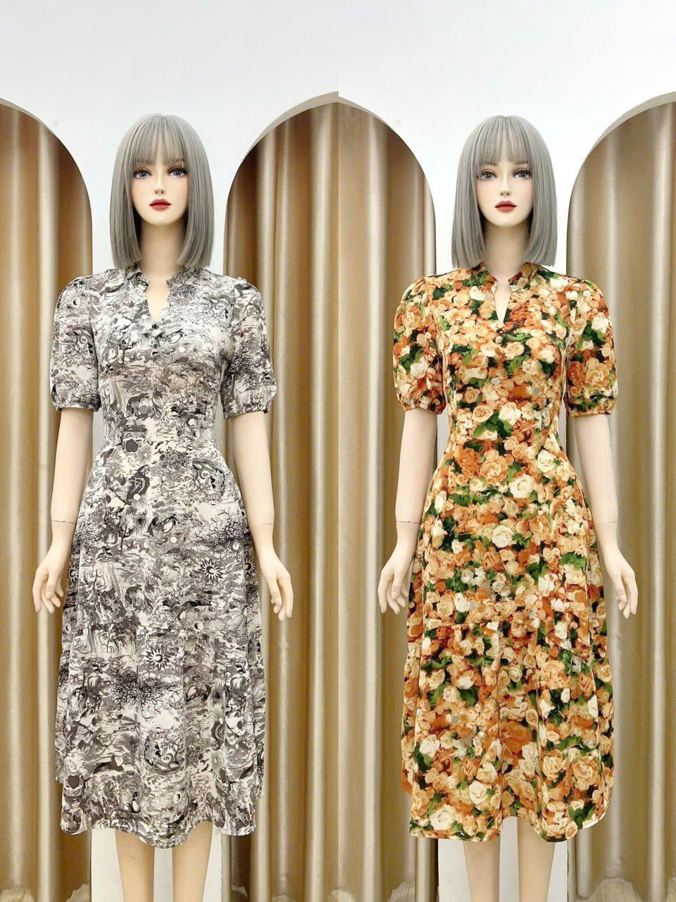 Đầm hoa dáng dài tay bí đính nút giả - D3130