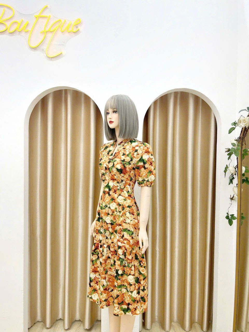 Đầm hoa dáng dài tay bí đính nút giả - D3130
