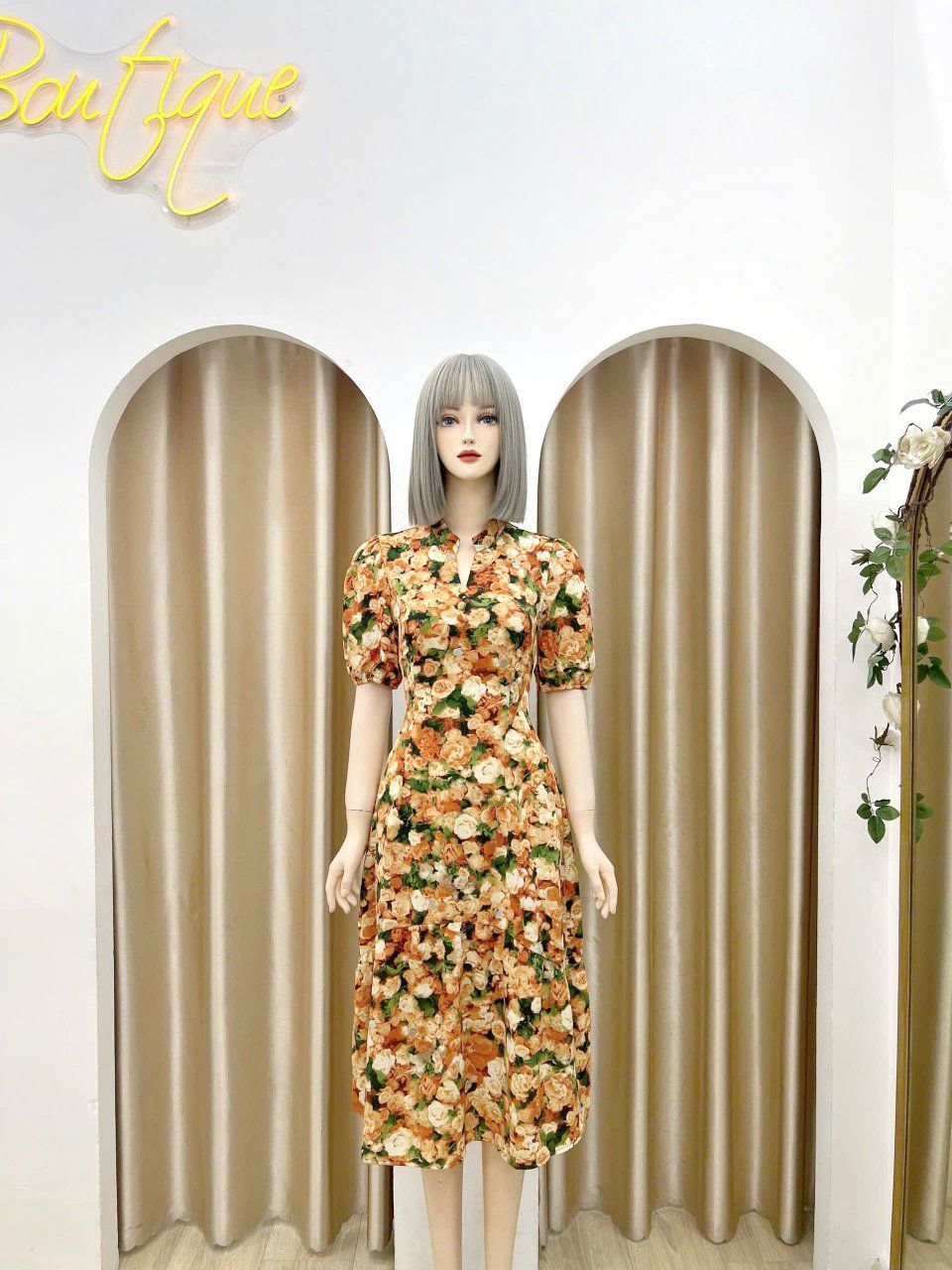 Đầm hoa dáng dài tay bí đính nút giả - D3130