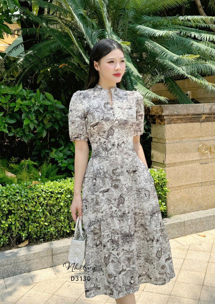 Đầm hoa dáng dài tay bí đính nút giả - D3130