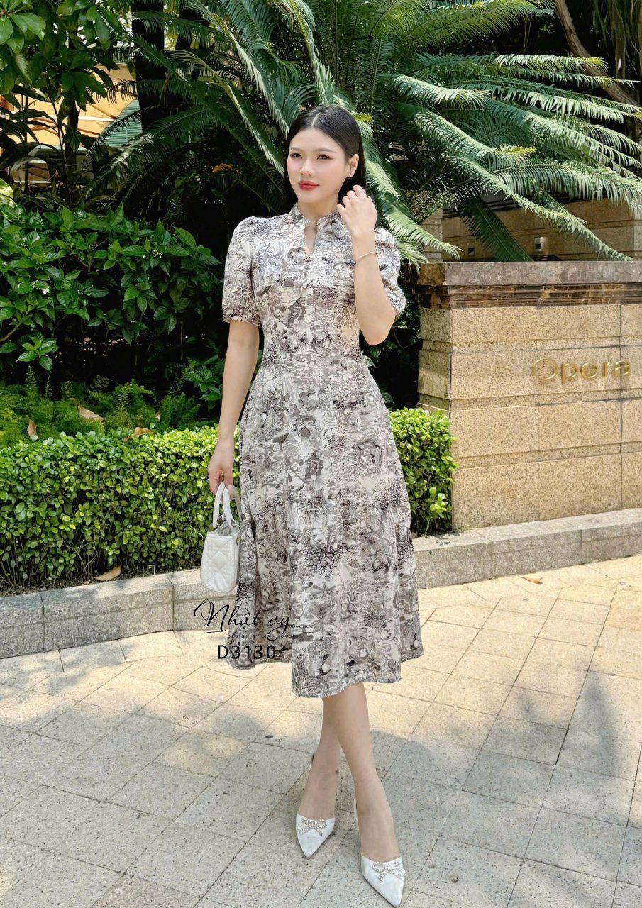 Đầm hoa dáng dài tay bí đính nút giả - D3130