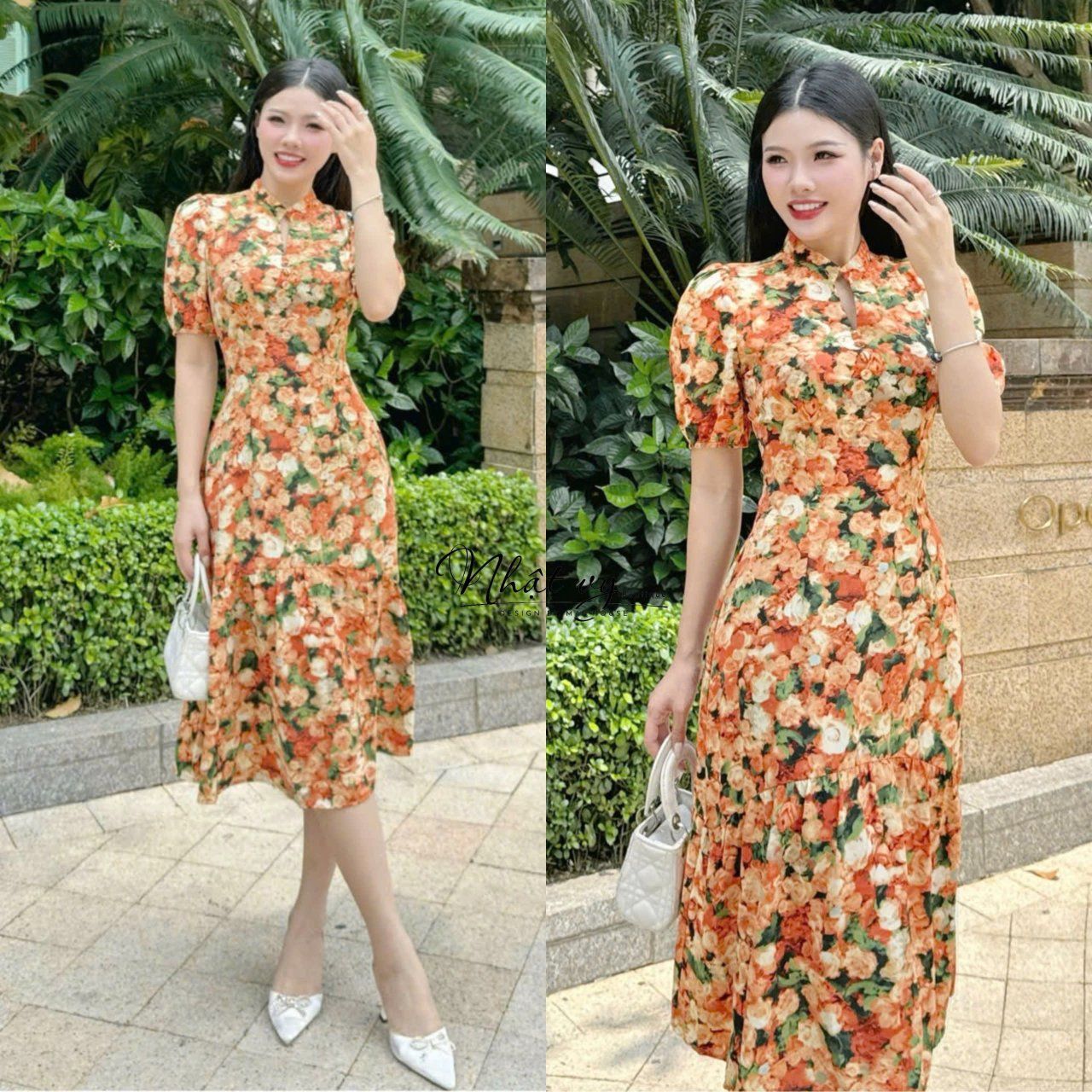Đầm hoa dáng dài tay bí đính nút giả - D3130