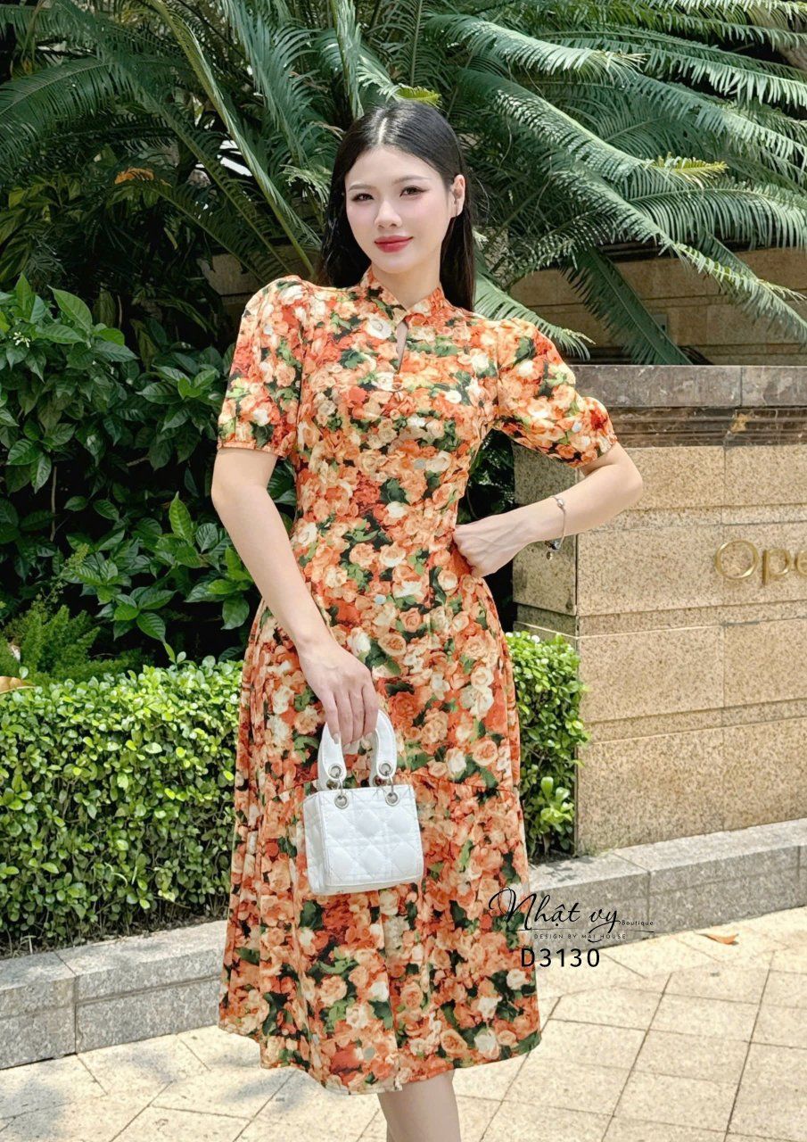 Đầm hoa dáng dài tay bí đính nút giả - D3130