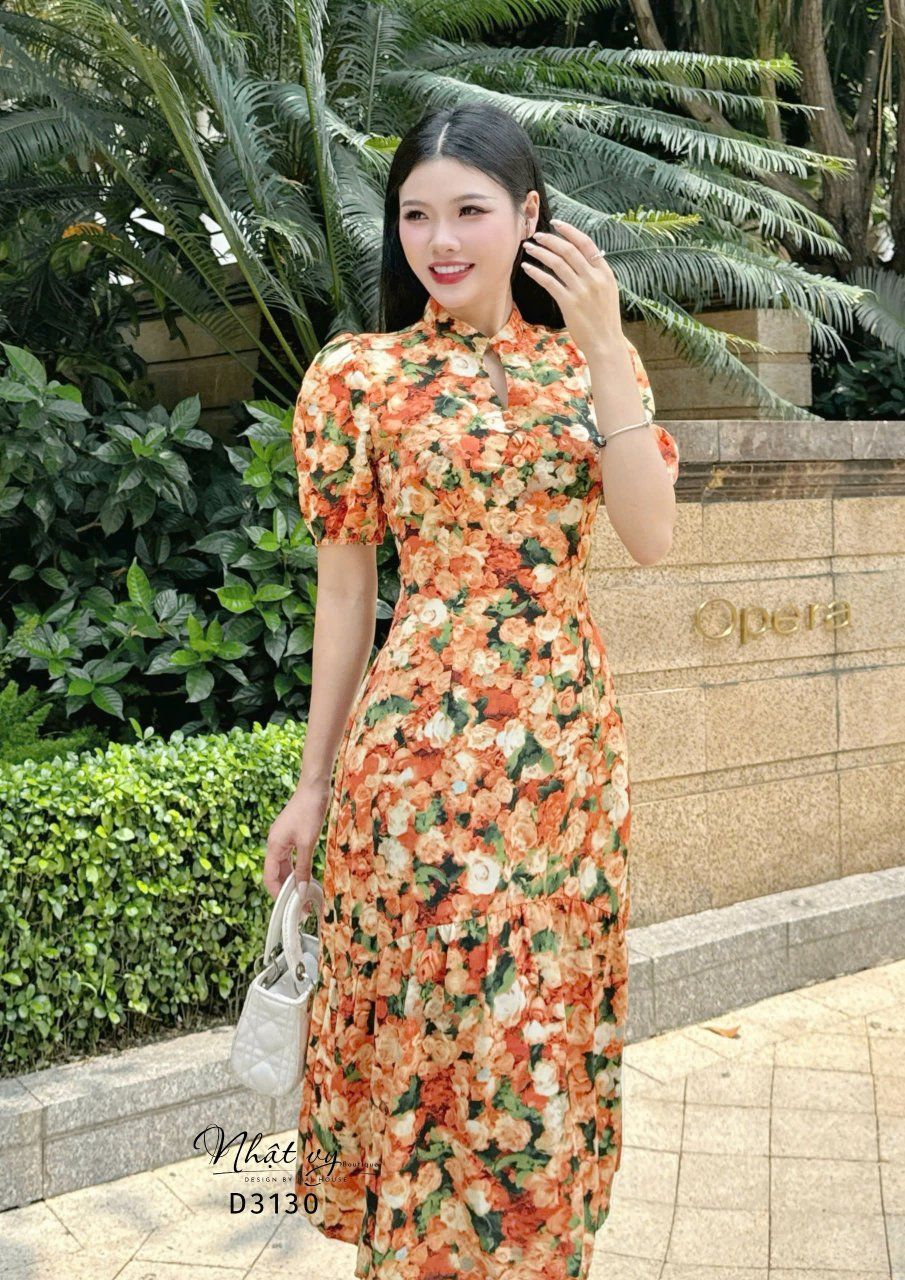 Đầm hoa dáng dài tay bí đính nút giả - D3130
