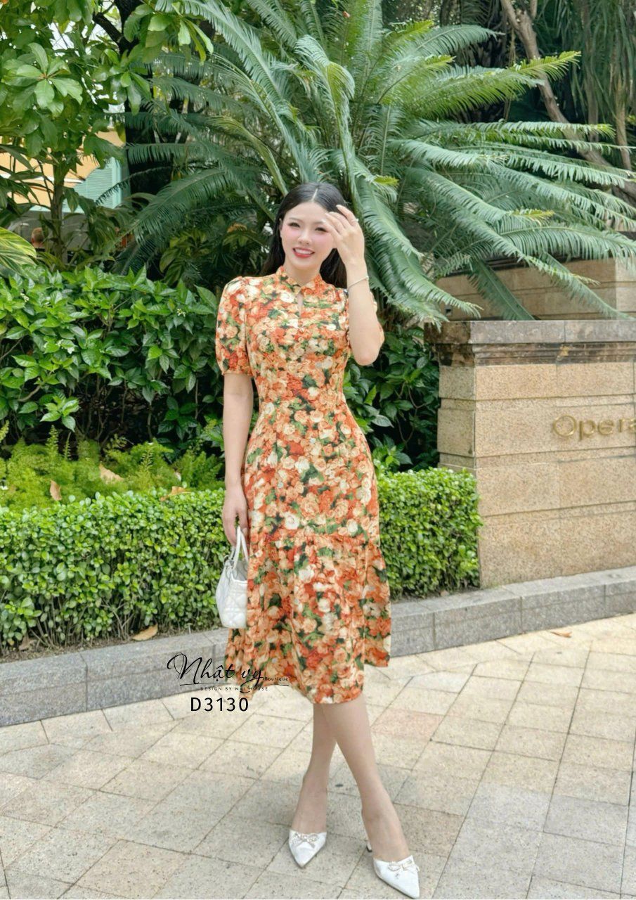 Đầm hoa dáng dài tay bí đính nút giả - D3130