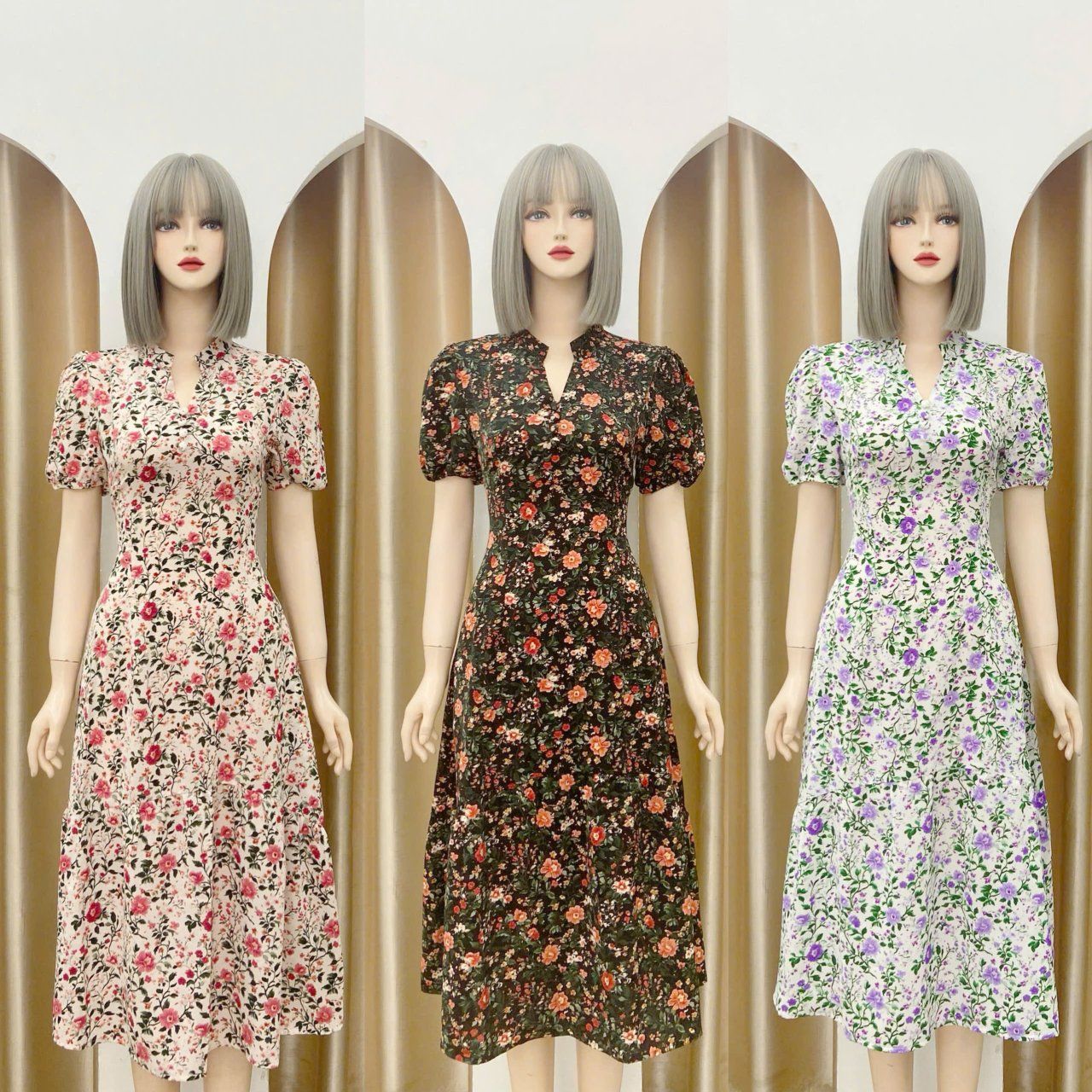 Đầm hoa dáng dài tay bí đính nút giả - D3130