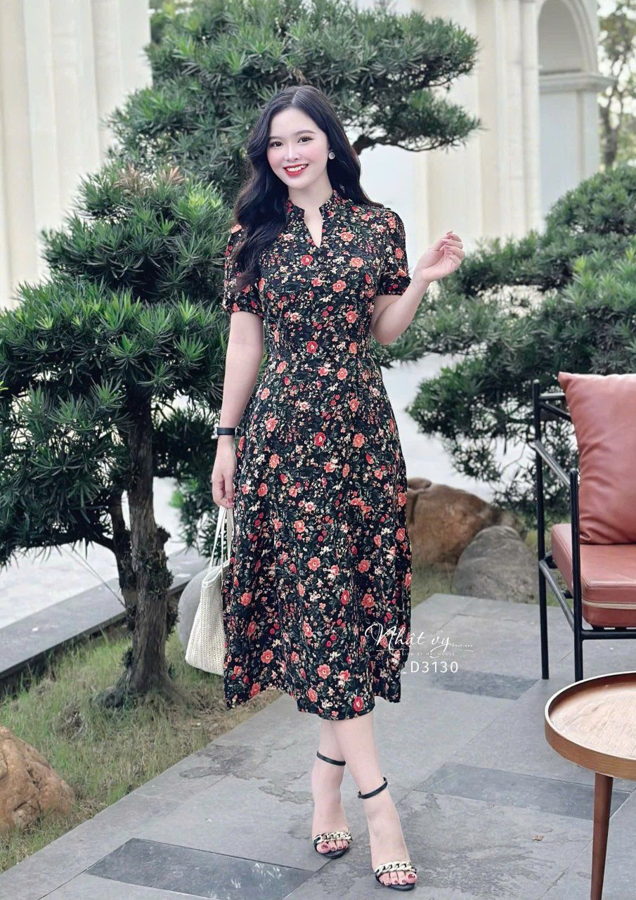 Đầm hoa dáng dài tay bí đính nút giả - D3130