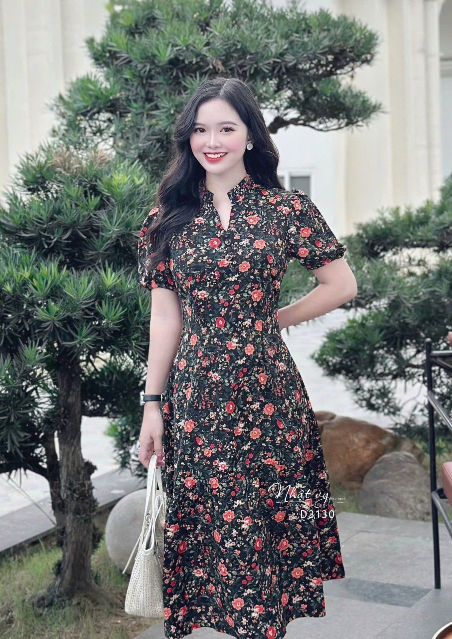 Đầm hoa dáng dài tay bí đính nút giả - D3130