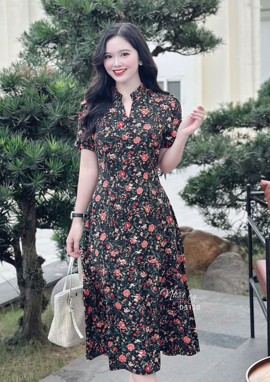 Đầm hoa dáng dài tay bí đính nút giả - D3130