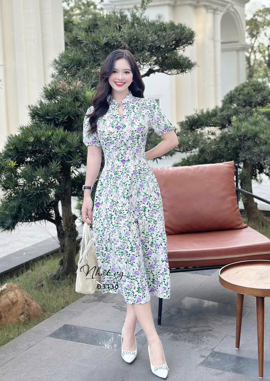 Đầm hoa dáng dài tay bí đính nút giả - D3130