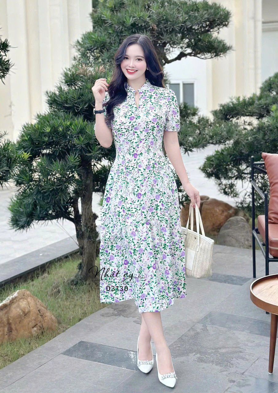 Đầm hoa dáng dài tay bí đính nút giả - D3130