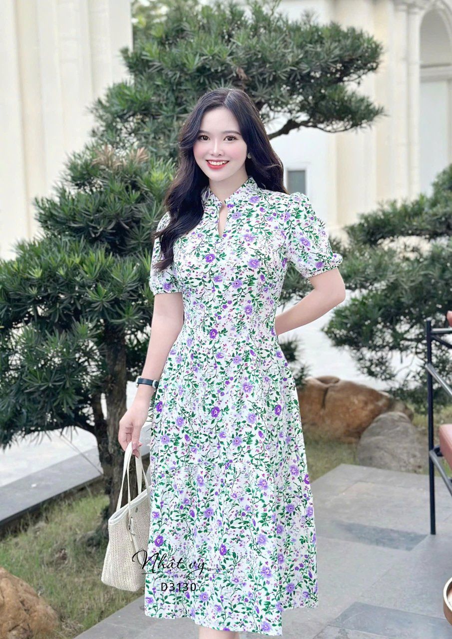 Đầm hoa dáng dài tay bí đính nút giả - D3130
