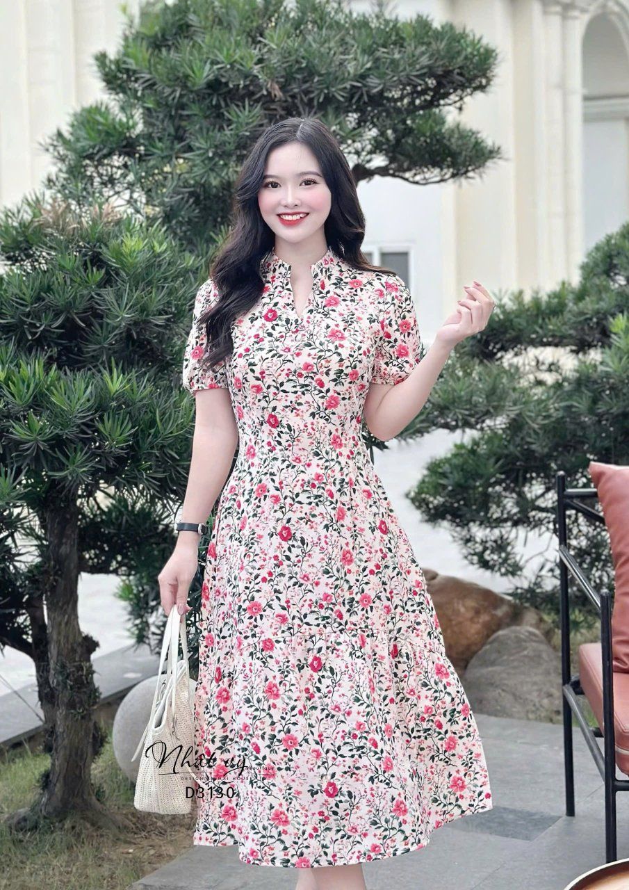 Đầm hoa dáng dài tay bí đính nút giả - D3130