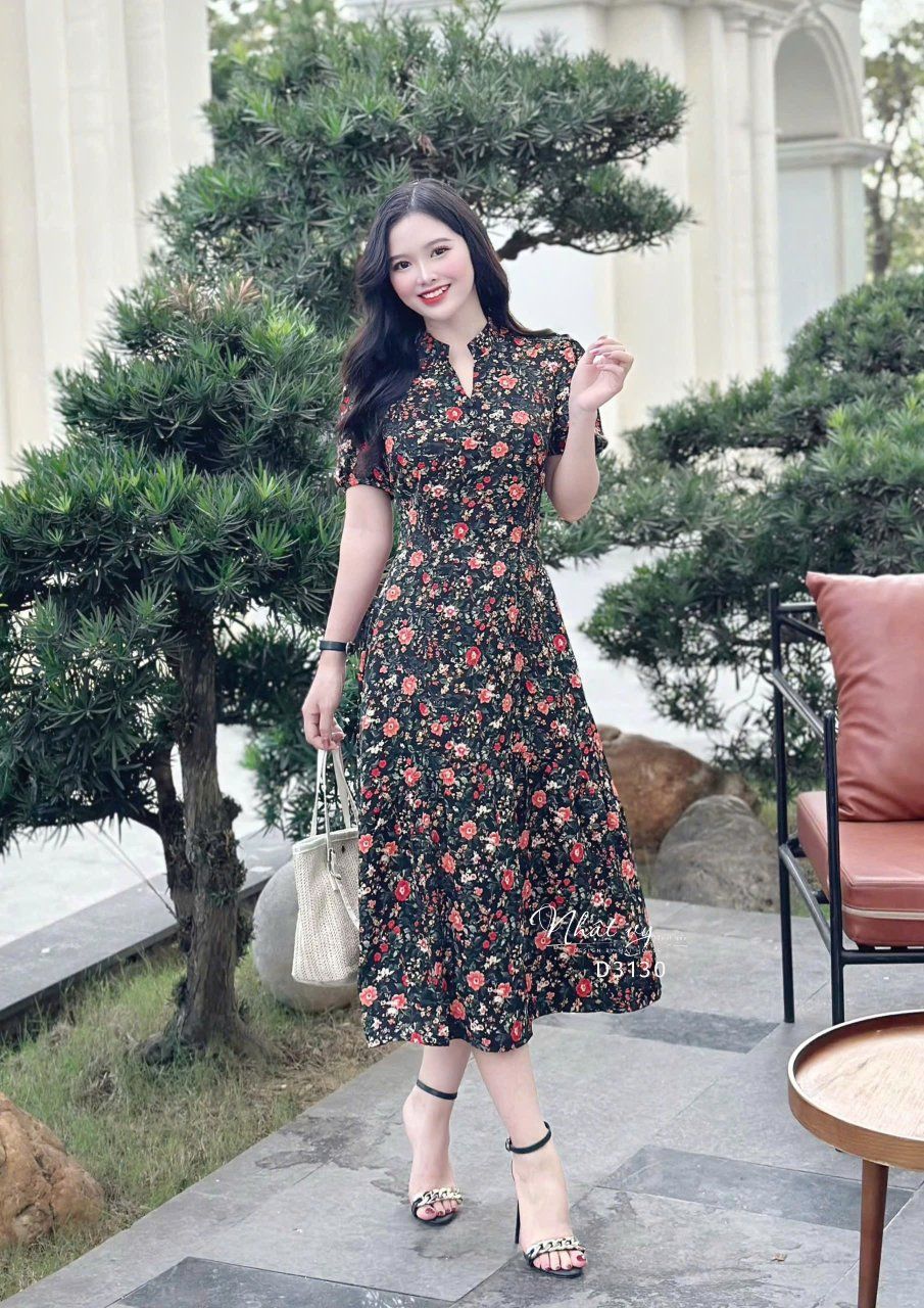Đầm hoa dáng dài tay bí đính nút giả - D3130