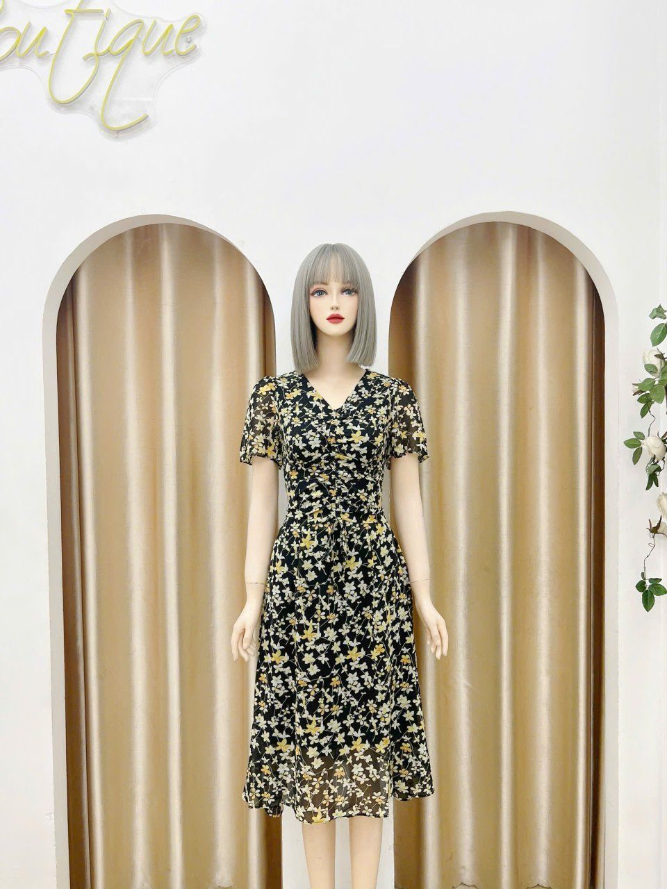 Đầm voan hoa rút ngực form dáng xoè - D3133