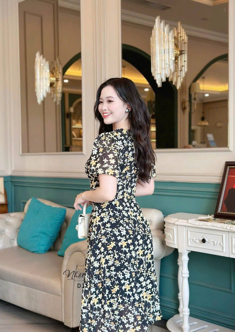 Đầm voan hoa rút ngực form dáng xoè - D3133