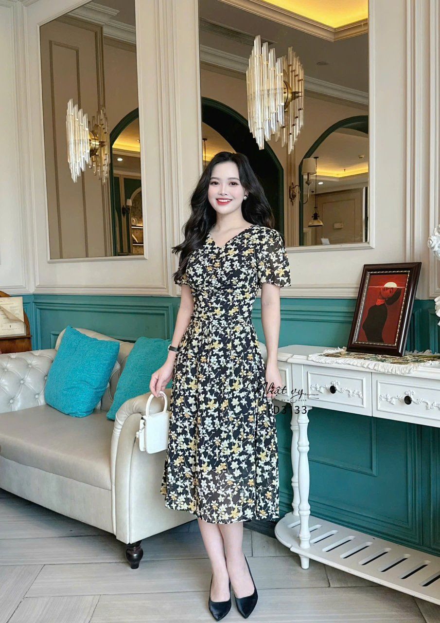 Đầm voan hoa rút ngực form dáng xoè - D3133