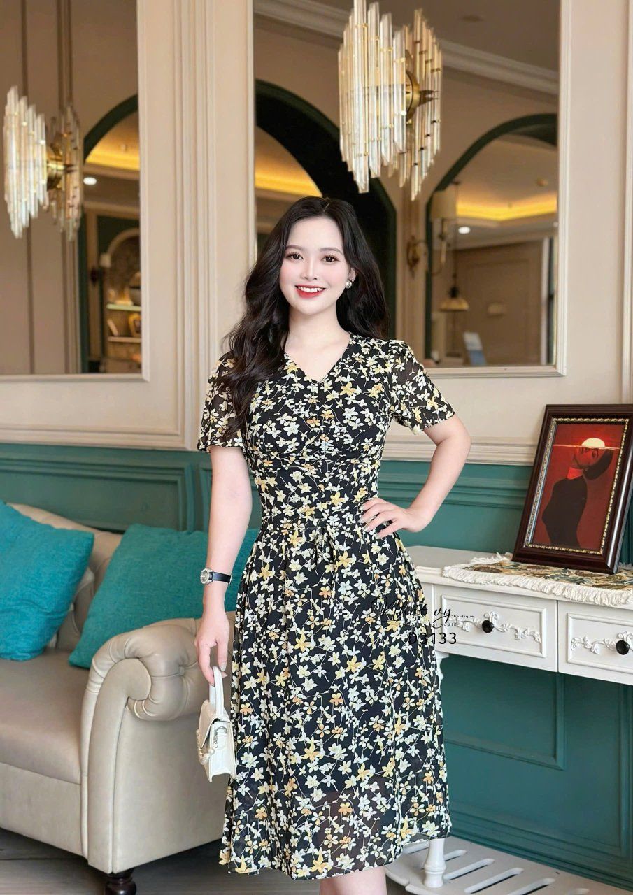 Đầm voan hoa rút ngực form dáng xoè - D3133