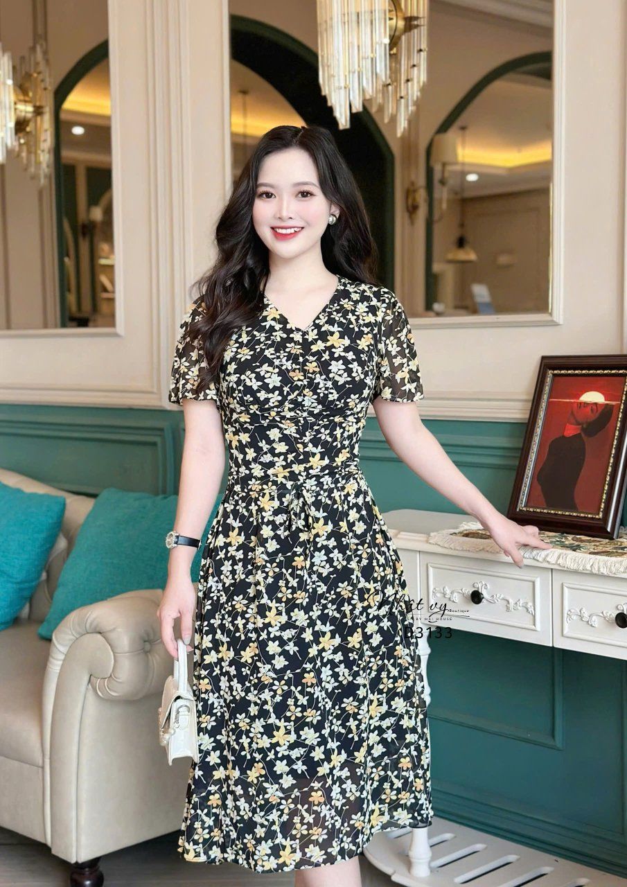 Đầm voan hoa rút ngực form dáng xoè - D3133
