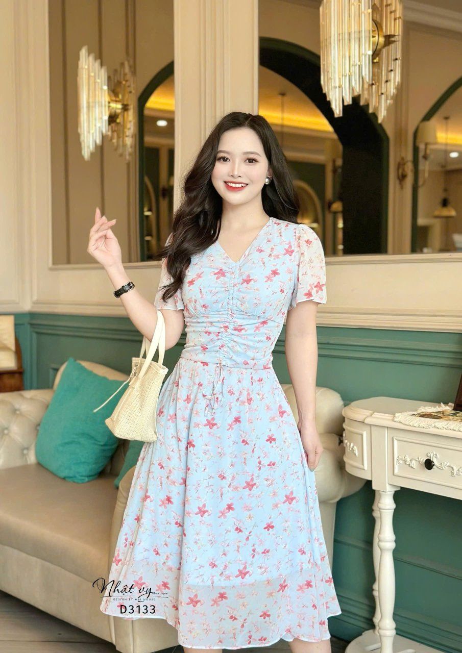 Đầm voan hoa rút ngực form dáng xoè - D3133