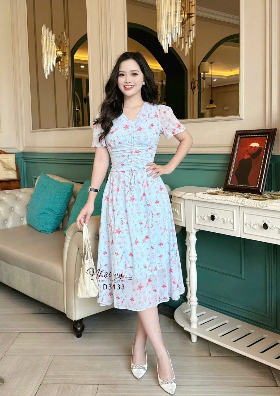Đầm voan hoa rút ngực form dáng xoè - D3133