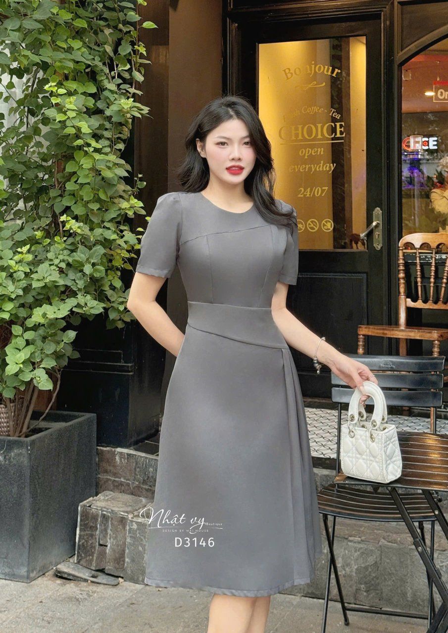 Đầm cổ tròn nhấn eo cách điệu form dáng xoè - D3146