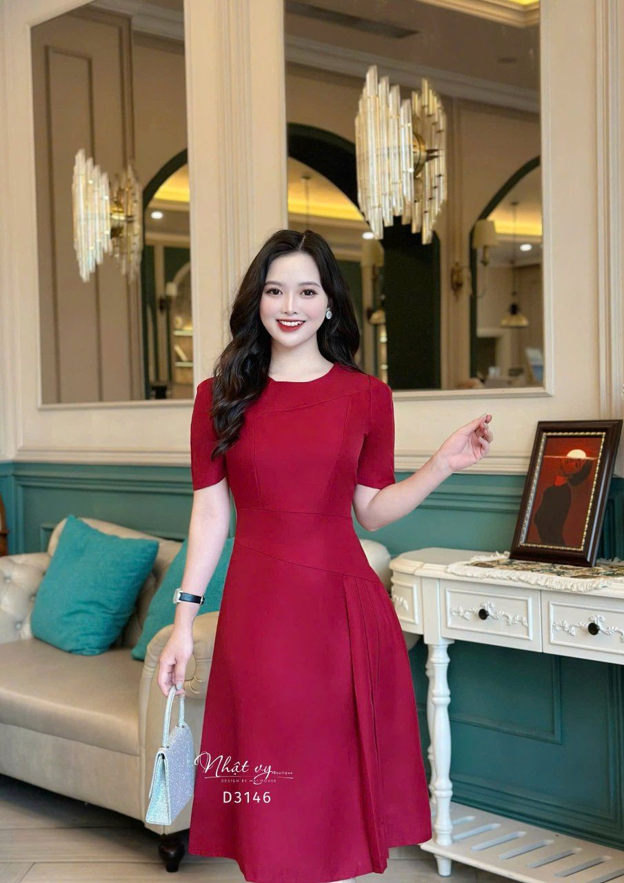 Đầm cổ tròn nhấn eo cách điệu form dáng xoè - D3146