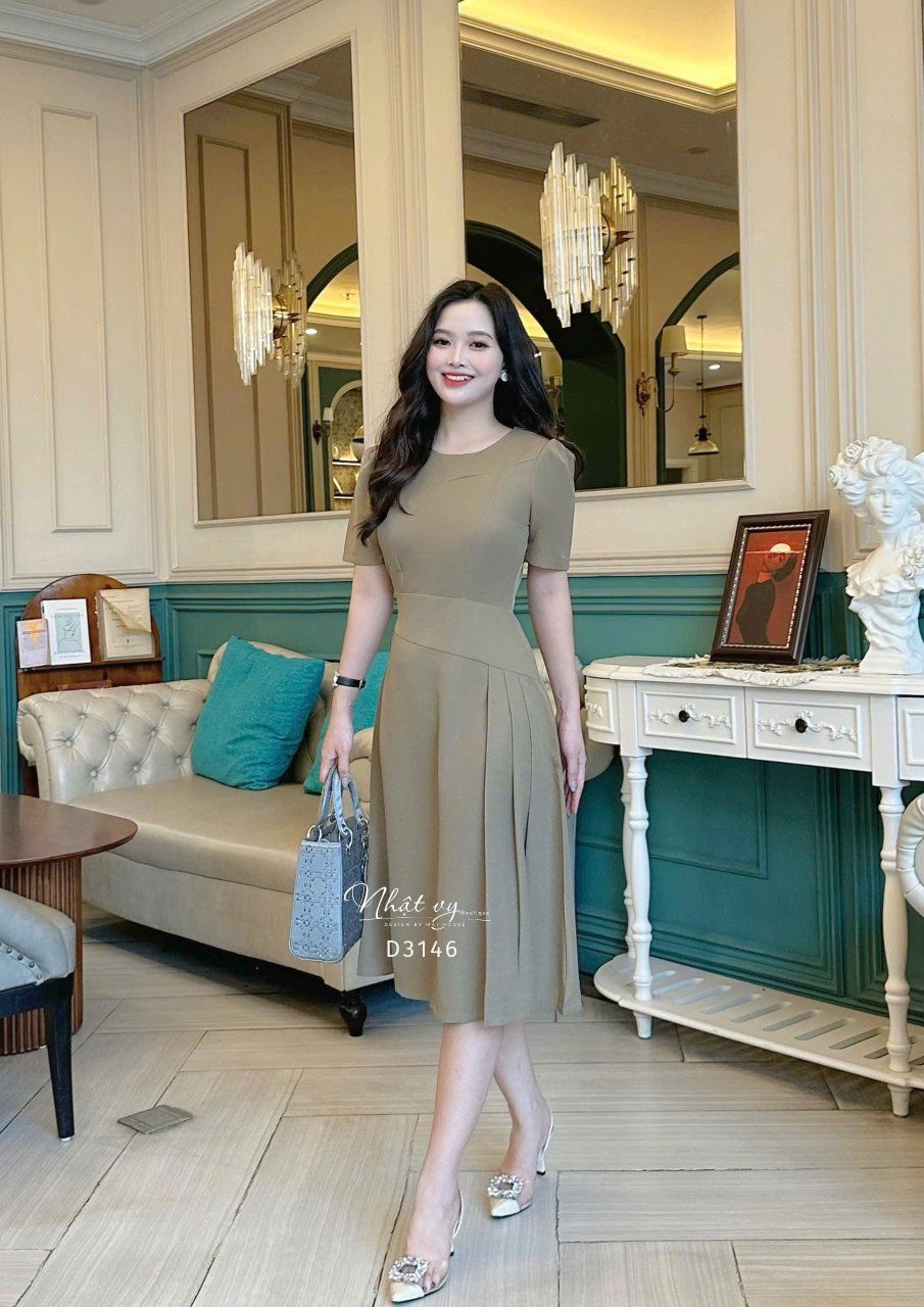 Đầm cổ tròn nhấn eo cách điệu form dáng xoè - D3146