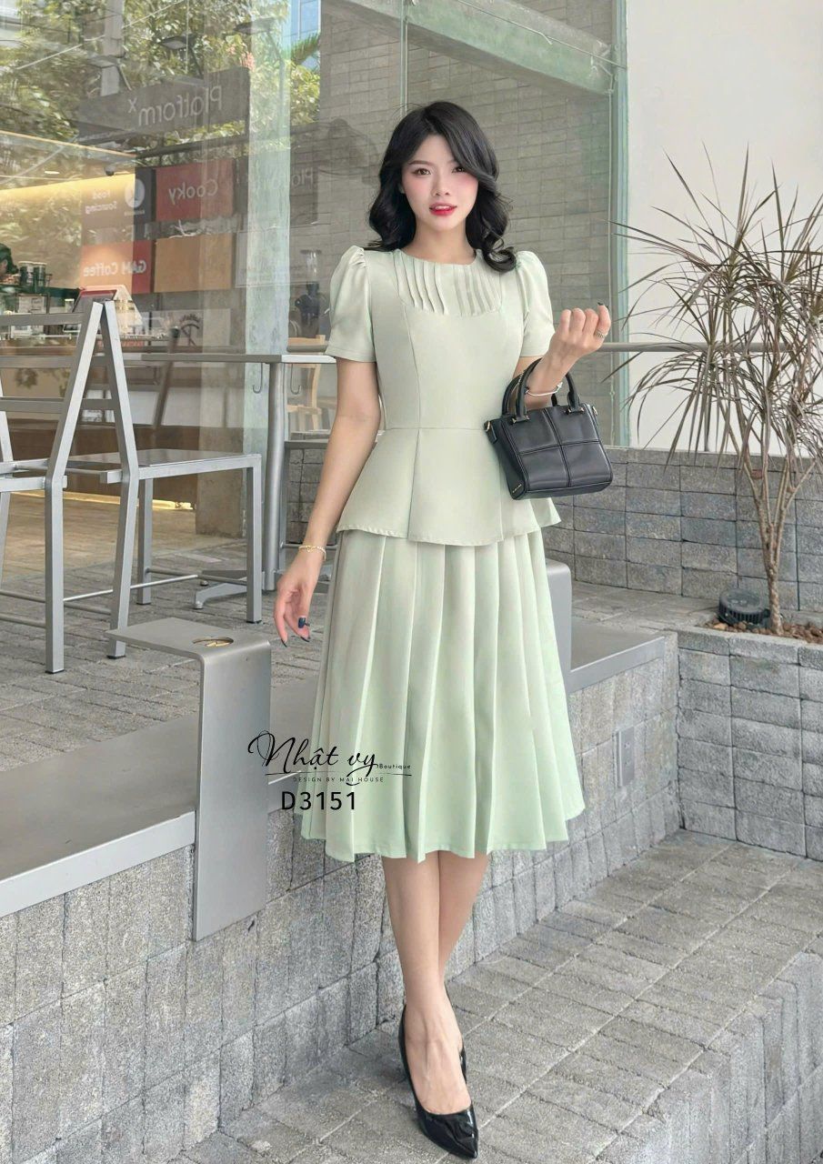 Đầm peplum cổ tròn tay nhún phồng - D3151