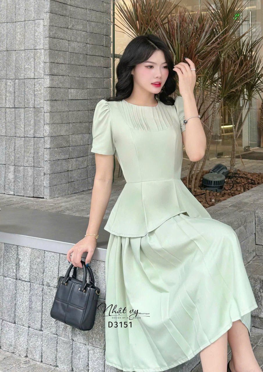 Đầm peplum cổ tròn tay nhún phồng - D3151