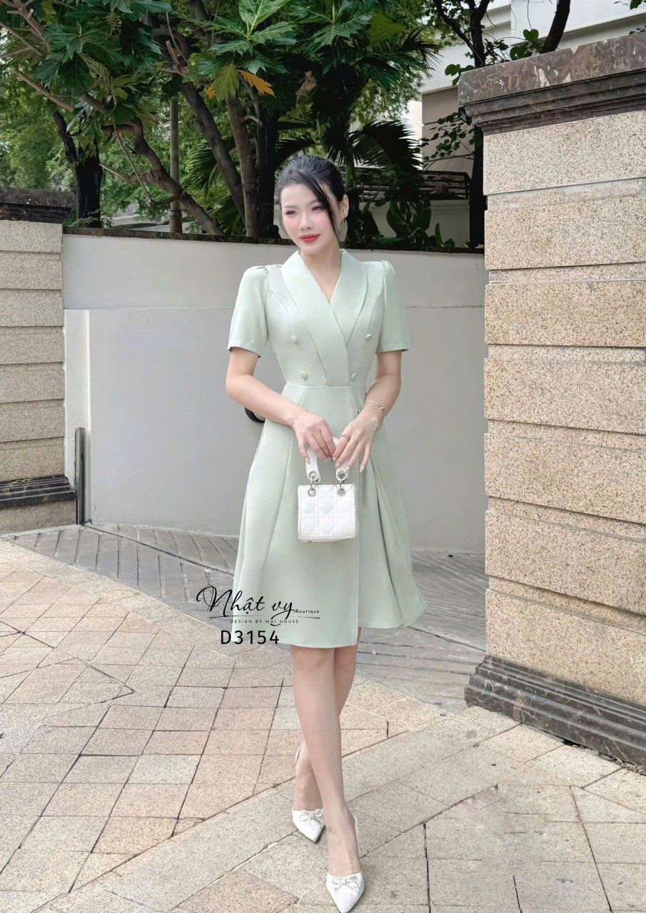 Đầm cổ vest đính nút bọc form dáng xoè - D3154