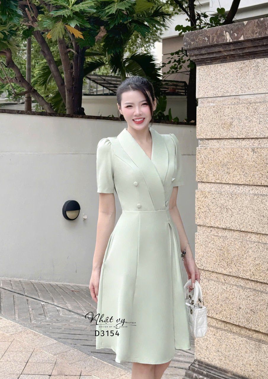 Đầm cổ vest đính nút bọc form dáng xoè - D3154