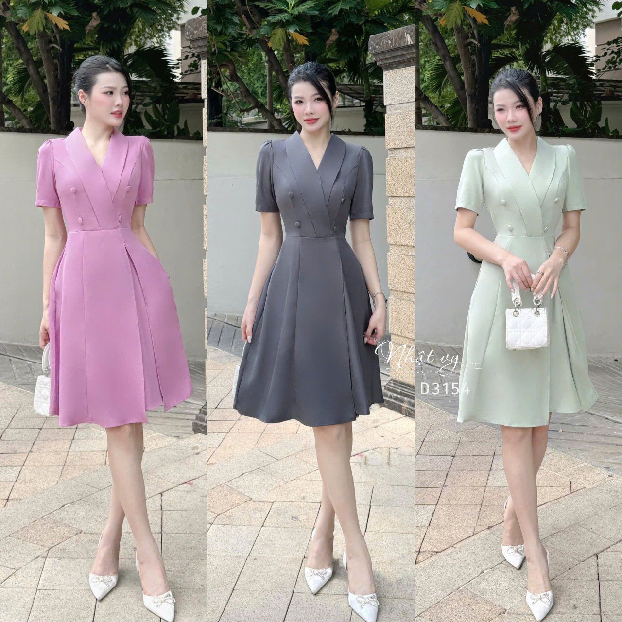 Đầm cổ vest đính nút bọc form dáng xoè - D3154