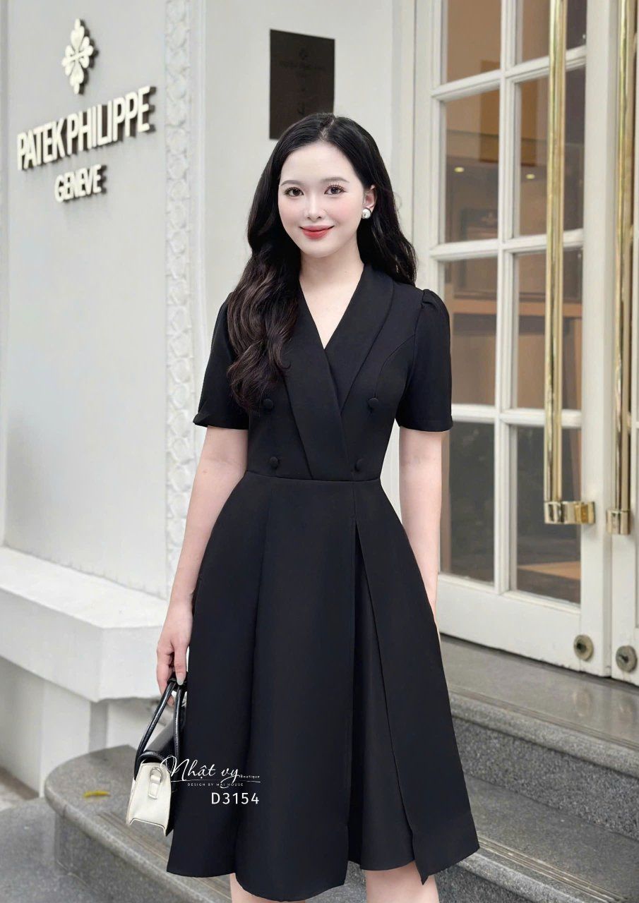 Đầm cổ vest đính nút bọc form dáng xoè - D3154