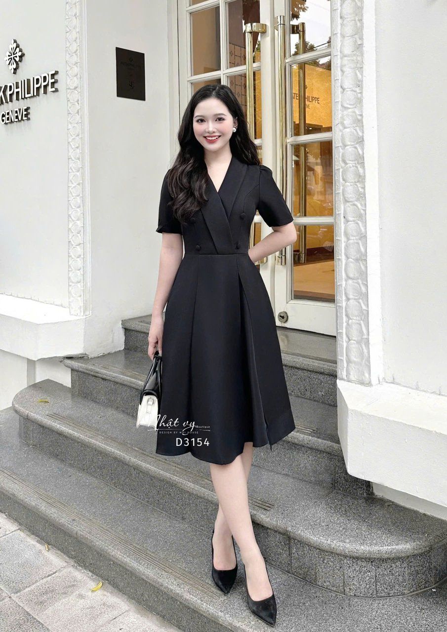 Đầm cổ vest đính nút bọc form dáng xoè - D3154