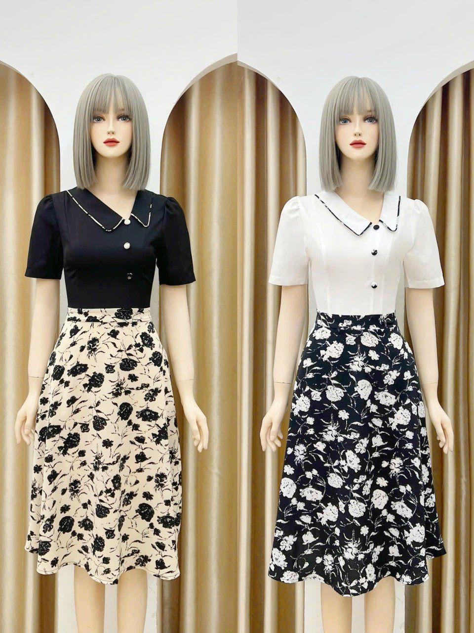 Đầm cổ bèo viền hoa form dáng xoè - D3156