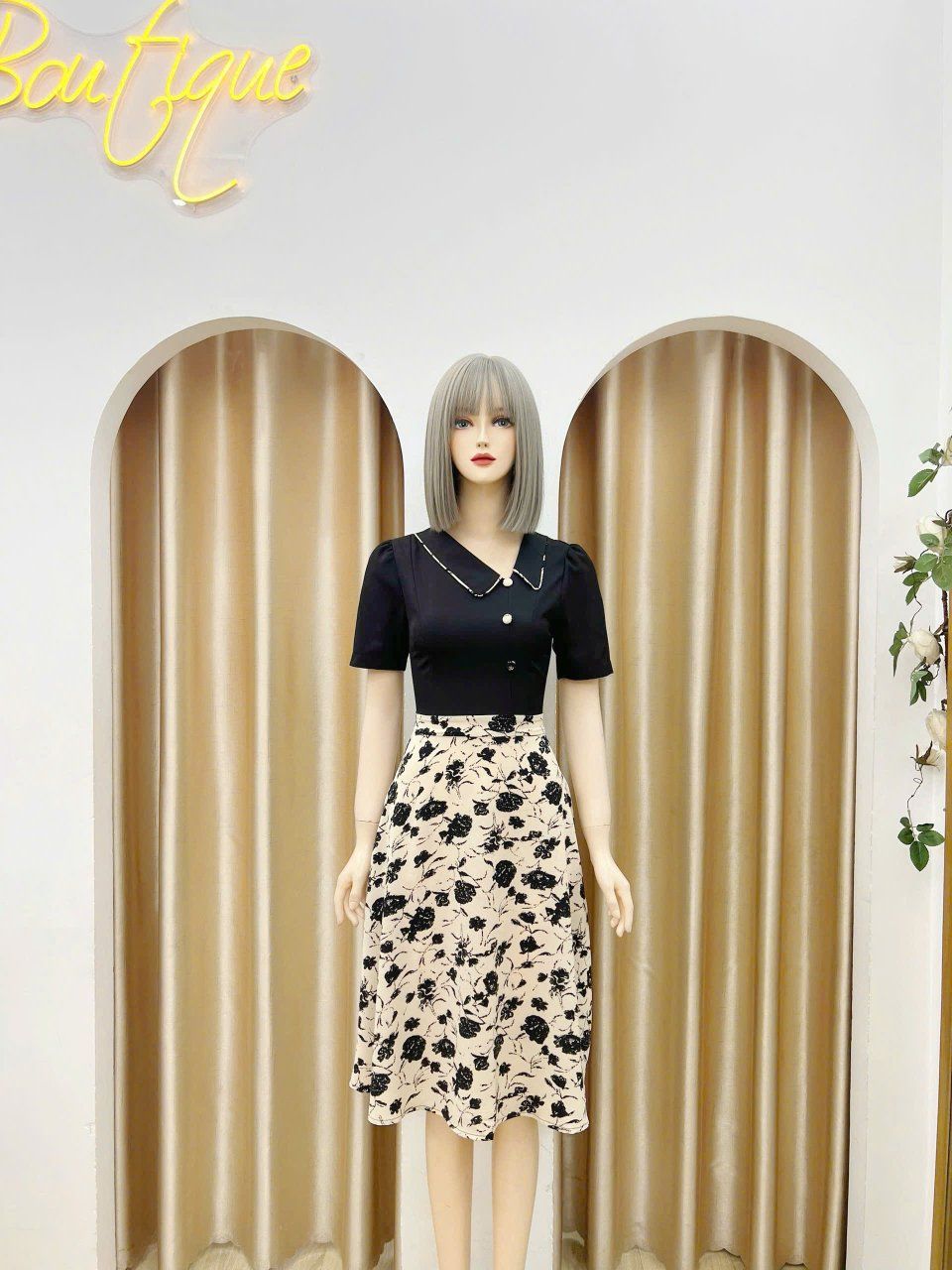 Đầm cổ bèo viền hoa form dáng xoè - D3156