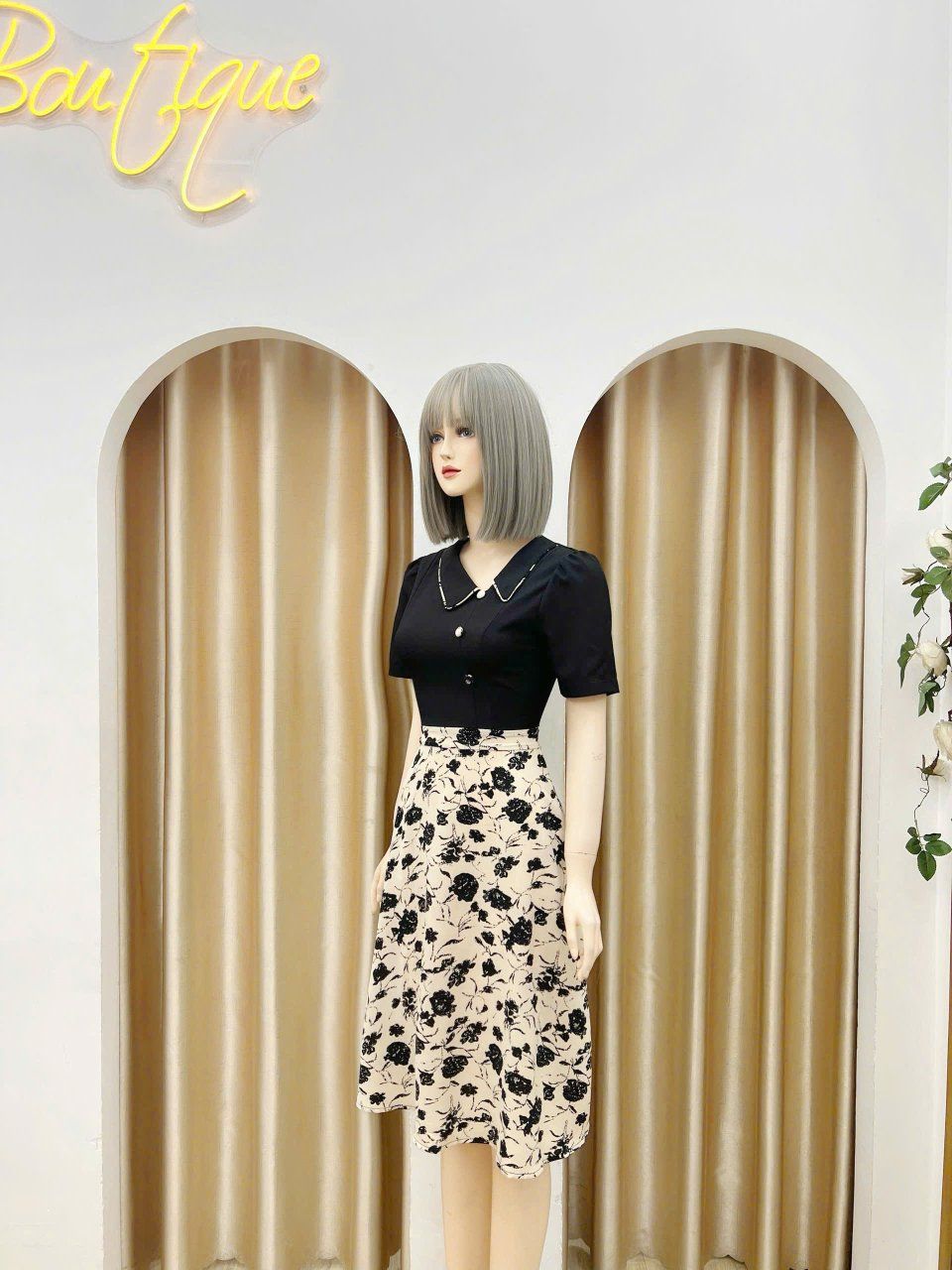 Đầm cổ bèo viền hoa form dáng xoè - D3156