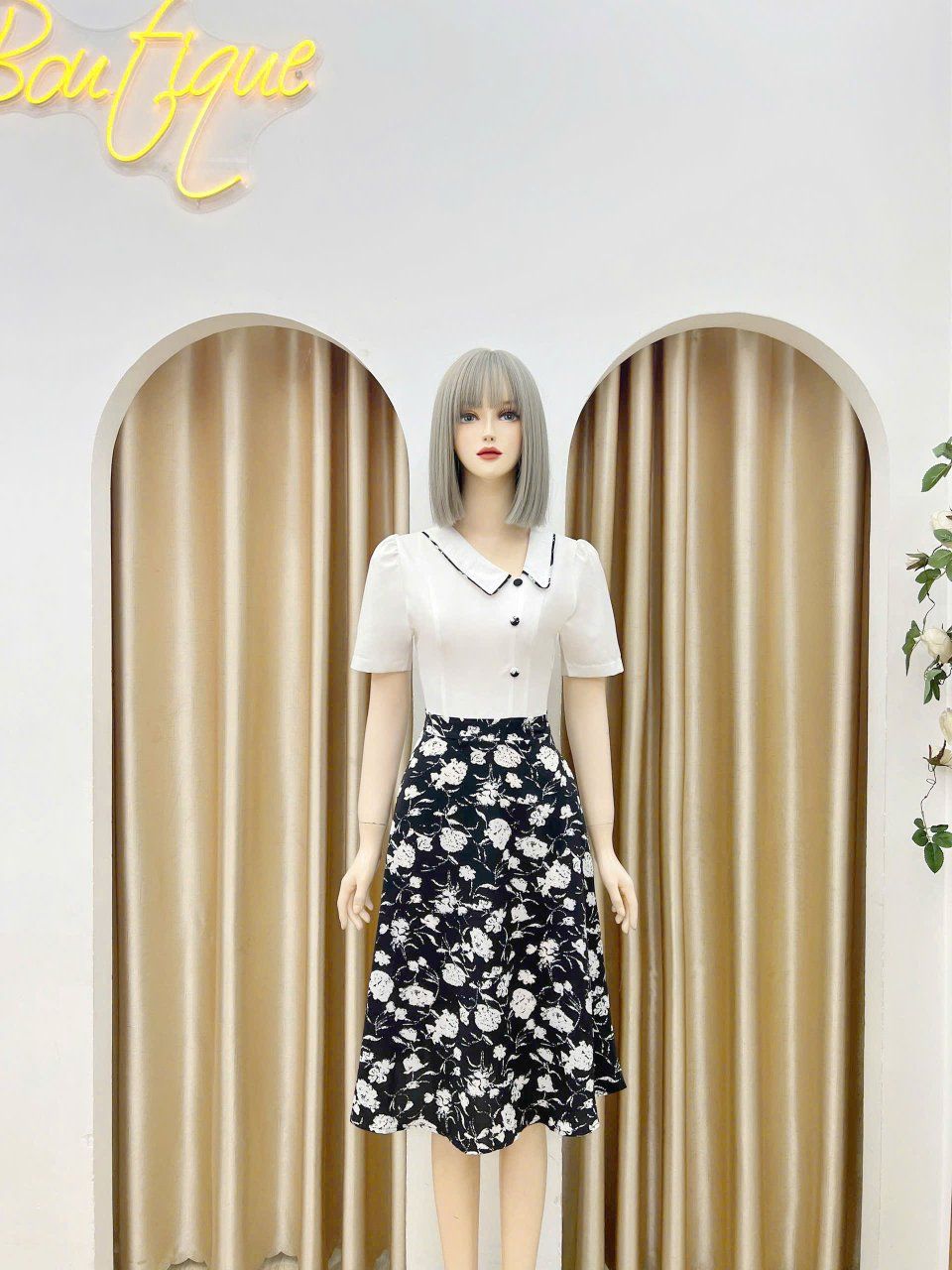 Đầm cổ bèo viền hoa form dáng xoè - D3156