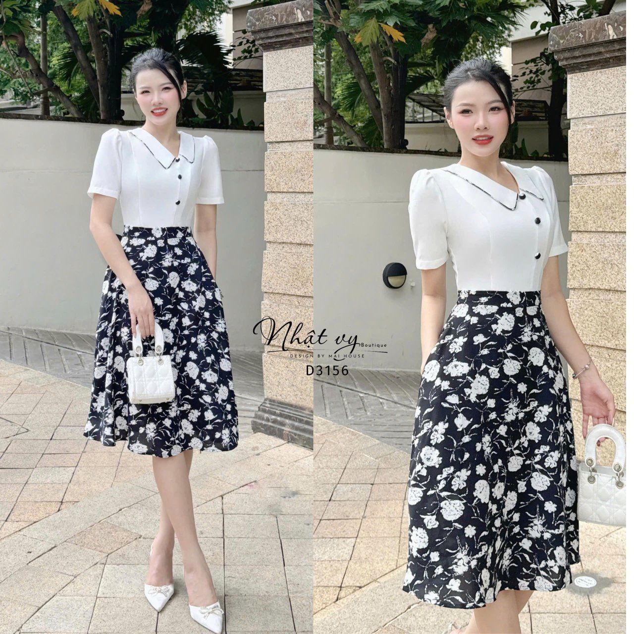 Đầm cổ bèo viền hoa form dáng xoè - D3156