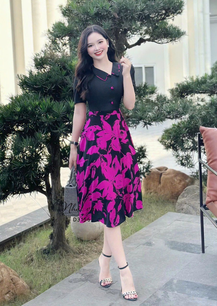 Đầm cổ bèo viền hoa form dáng xoè - D3156