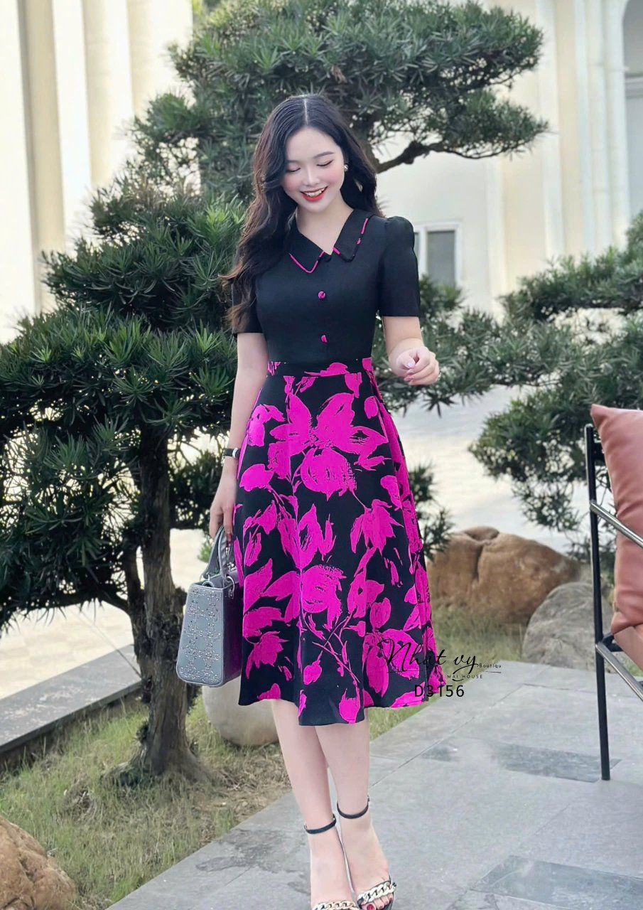 Đầm cổ bèo viền hoa form dáng xoè - D3156
